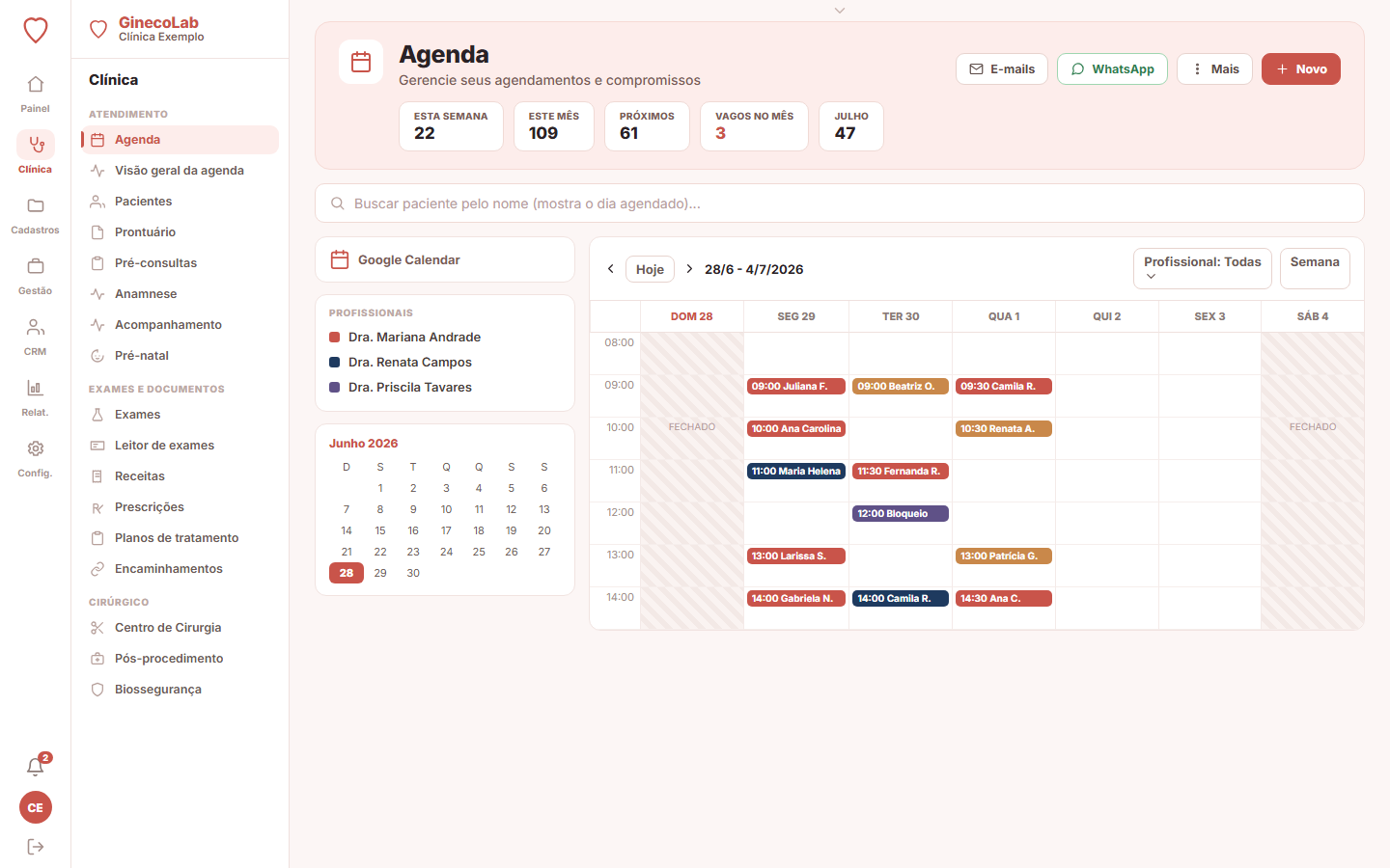 Agenda do GinecoLab por profissional com confirmação por WhatsApp