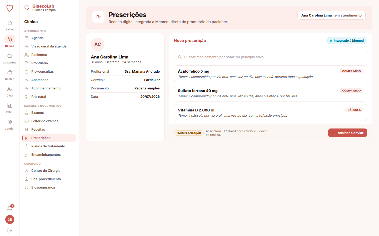 Prescrição digital integrada à Memed no GinecoLab